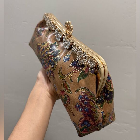 Genuine Leather Retro Floral Print Handmade Push Lock Clutch Bag/Evening Bag - Picture 13 of 15